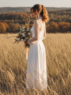 Robe de mariée 3 pièces pour la mariée en dentelle et mousseline col illusion fermeture éclair manches longues longueur au sol