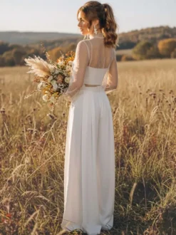 Robe de mariée 3 pièces pour la mariée en dentelle et mousseline col illusion fermeture éclair manches longues longueur au sol
