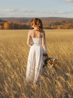 Robe de mariée 3 pièces pour la mariée en dentelle et mousseline col illusion fermeture éclair manches longues longueur au sol