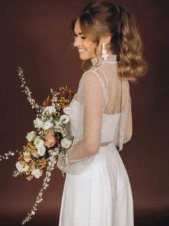 Robe de mariée 3 pièces pour la mariée en dentelle et mousseline col illusion fermeture éclair manches longues longueur au sol