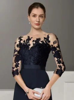 Robe de mariée pour mère col bijou demi-manches deux pièces en dentelle longueur au sol robes d'invitées de mariage