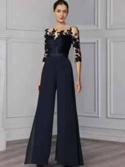 Robe de mariée pour mère col bijou demi-manches deux pièces en dentelle longueur au sol robes d'invitées de mariage