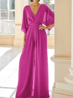 Robe de mariée pour mère col en V demi-manches combinaison robes d'invitées de mariage