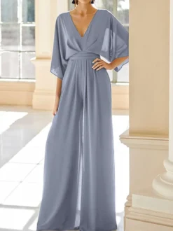 Robe de mariée pour mère col en V demi-manches combinaison robes d'invitées de mariage
