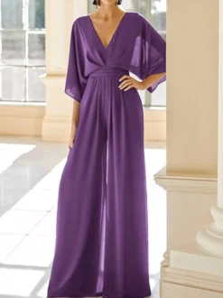 Robe de mariée pour mère col en V demi-manches combinaison robes d'invitées de mariage