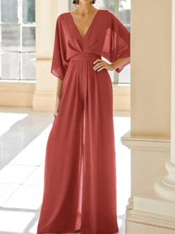 Robe de mariée pour mère col en V demi-manches combinaison robes d'invitées de mariage