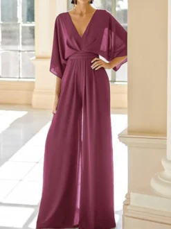 Robe de mariée pour mère col en V demi-manches combinaison robes d'invitées de mariage