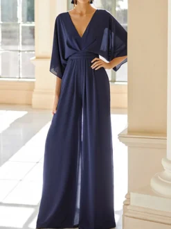 Robe de mariée pour mère col en V demi-manches combinaison robes d'invitées de mariage