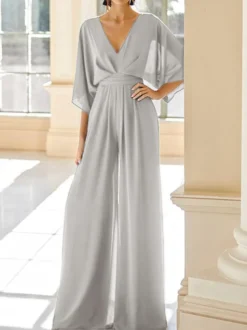 Robe de mariée pour mère col en V demi-manches combinaison robes d'invitées de mariage
