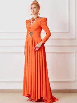 Robe de mariée pour mère de la mariée col en V manches longues robe de bal plissée avec traîne robes d'invitées de mariage