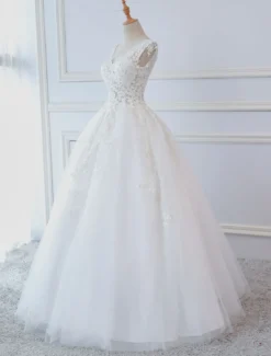 Robe de mariée princesse col V dos nu à laçage en dentelle jupe en tulle traîne rond Robe de mariée