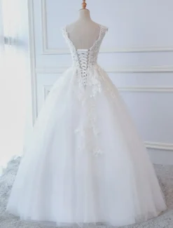 Robe de mariée princesse col V dos nu à laçage en dentelle jupe en tulle traîne rond Robe de mariée