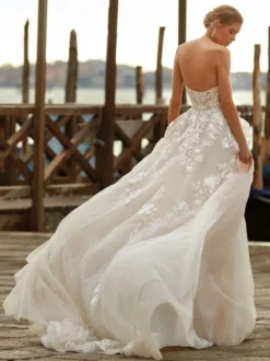 Robe de mariée princesse en dentelle bustier boutonné sur dos à traîne