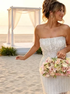 Robe de mariée robe de cocktail jolie robe fourreau longue sans bretelles ornée de perles