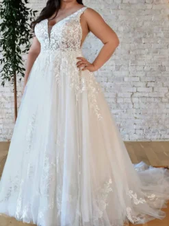 Robe de mariée robe de mariage grande taille col V à traîne en dentelle