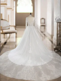 Robe de mariée rose col rond manche longue transparente à traîne robe de mariage Robe de mariée colorée