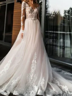 Robe de mariée rose col rond manche longue transparente à traîne robe de mariage Robe de mariée colorée