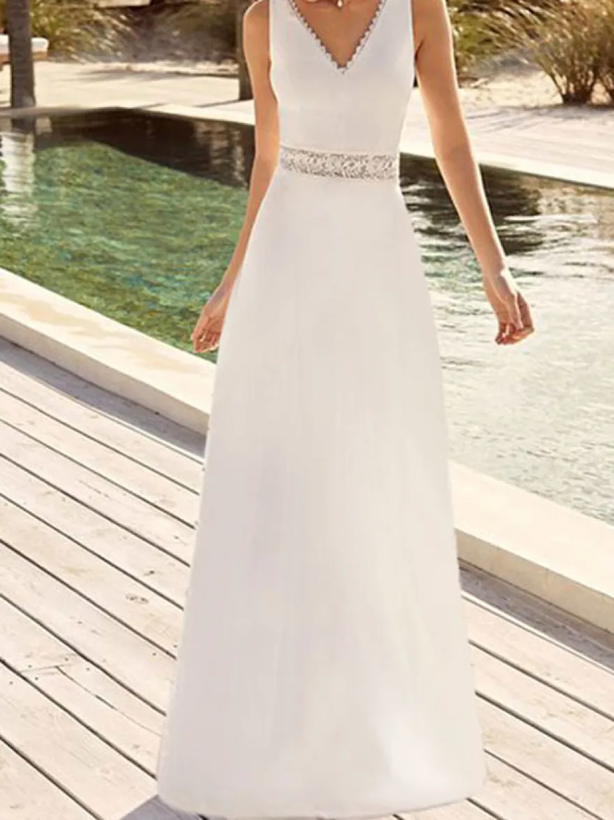 Robe de mariée simple A-Line V-Neck sans manches en dentelle Robes de mariée Personnalisation gratuite