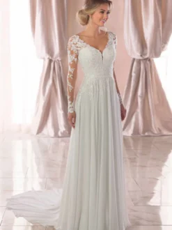 Robe de mariée simple blanche col V manche longue en dentelle