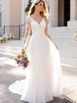 Robe de mariée simple blanche col V manche longue en dentelle