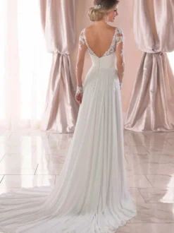 Robe de mariée simple blanche col V manche longue en dentelle