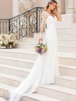 Robe de mariée simple blanche col V manche longue en dentelle