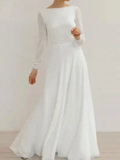 Robe de mariée simple blanche col rond manche longue en dentelle Robes de mariage