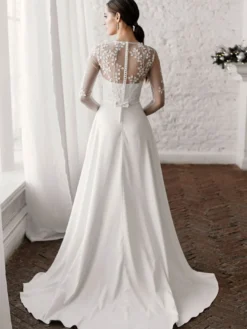 Robe De Mariée Simple Blanche en Satin Décolleté Manches Longues transparent à traîne Robes de mariage