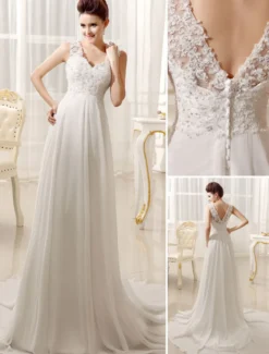 Robe de mariée simple blanche en dentelle co V en dentelle boutonné sur dos jupe plissée robe de mariage