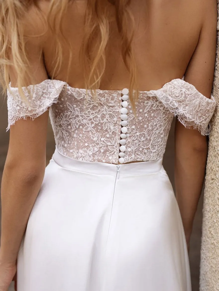 Robe de mariée simple blanche en tissu satiné découpé hors de l'épaule longueur au sol robes de mariage