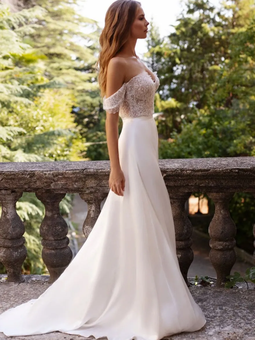 Robe de mariée simple blanche en tissu satiné découpé hors de l'épaule longueur au sol robes de mariage