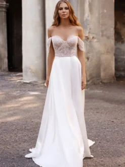 Robe de mariée simple blanche en tissu satiné découpé hors de l'épaule longueur au sol robes de mariage