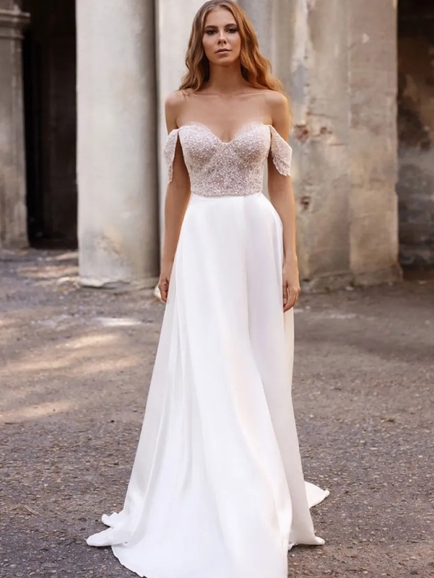 Robe de mariée simple blanche en tissu satiné découpé hors de l'épaule longueur au sol robes de mariage