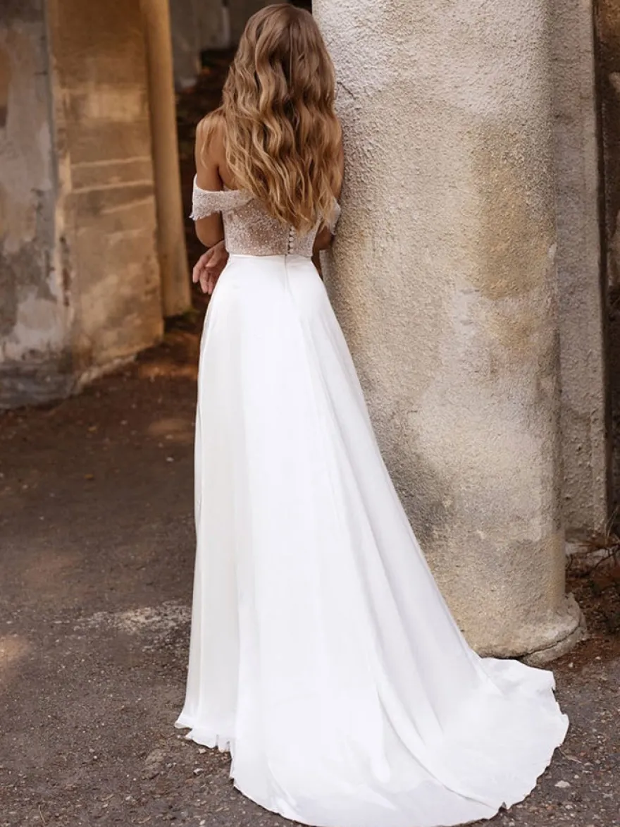 Robe de mariée simple blanche en tissu satiné découpé hors de l'épaule longueur au sol robes de mariage