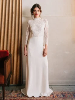 Robe de mariée simple col montant manche longue au sol