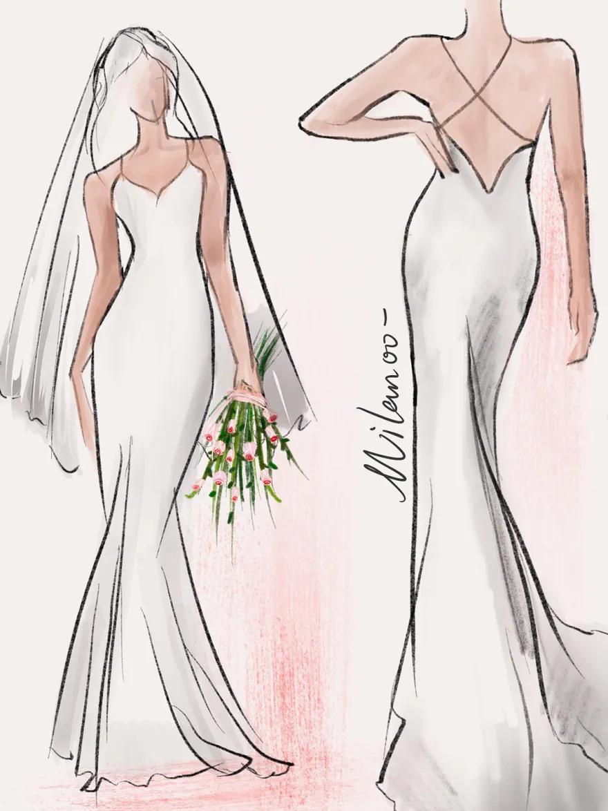 Robe de mariée simple col V jupe plissée à traîne