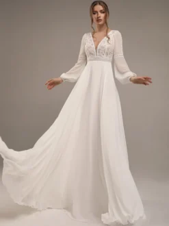 Robe de mariée simple col V manche longue dos en dentelle décoré des boutons longueur au sol