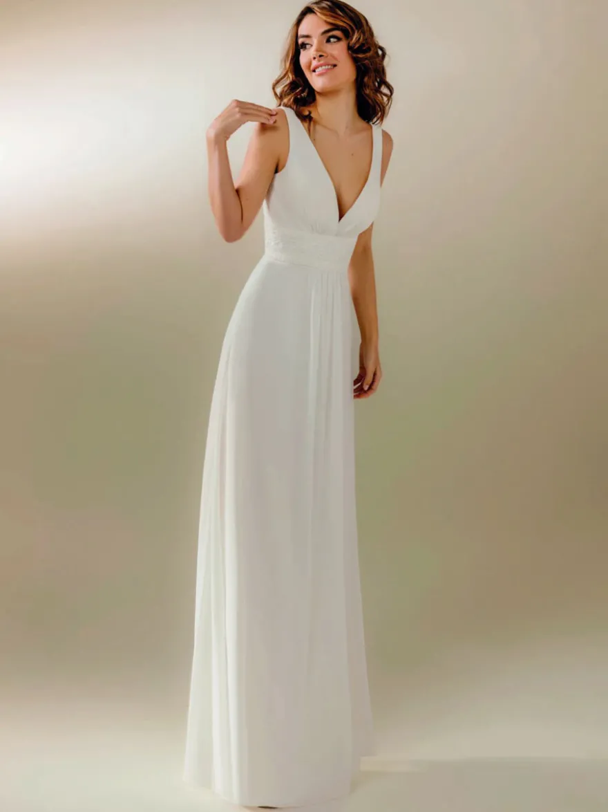 Robe de mariée simple col V plongeant zip sur dos au sol