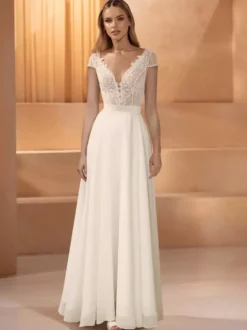 Robe de mariée simple en dentelle à col en V et manches courtes en dentelle Robe de mariée trapèze