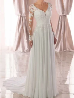 Robe de mariée simple en dentelle col V manche longue transparente à traîne