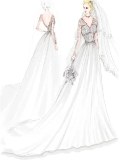 Robe de mariée simple en dentelle col V manche longue transparente à traîne