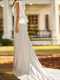 Robe de mariée simple en Lycra et spandex col en V sans manches avec nœuds ligne a 60cm robes de mariée