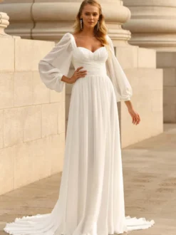 Robe de mariée simple en mousseline de soie col en cœur manches longues robes de mariée trapèze plissées