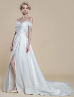 Robe de mariée simple en polyester à col bateau et manches courtes robe de bal découpée 40 cm