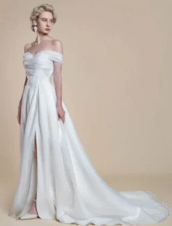 Robe de mariée simple en polyester à col bateau et manches courtes robe de bal découpée 40 cm