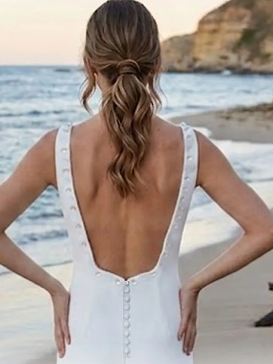 Robe de mariée simple en polyester col carré manches courtes coupe sirène