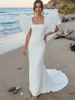 Robe de mariée simple en polyester col carré manches courtes coupe sirène