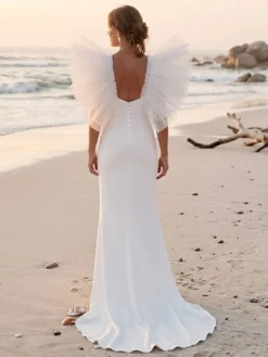 Robe de mariée simple en polyester col carré manches courtes coupe sirène