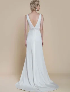 Robe de mariée simple en tissu satiné col en V sans manches en dentelle robe de bal 30 cm