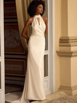 Robe de mariée simple en tissu satiné col en V sans manches robes de mariée sirène